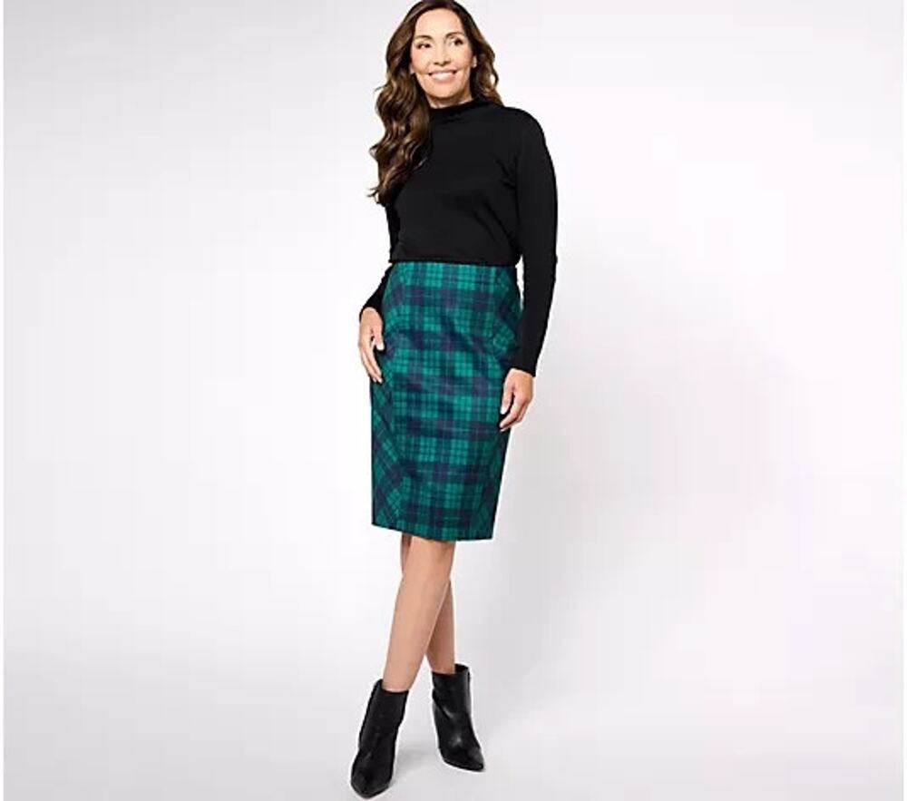 Susan Graver Pencil Skirt Womens Plus 4X Green Plaid Ponte Knit Pull On Stretch